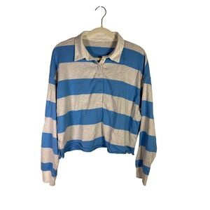 Aerie Blue Grey Striped Cropped Rugby Shirt Long Sleeve Cotton Womens Medium